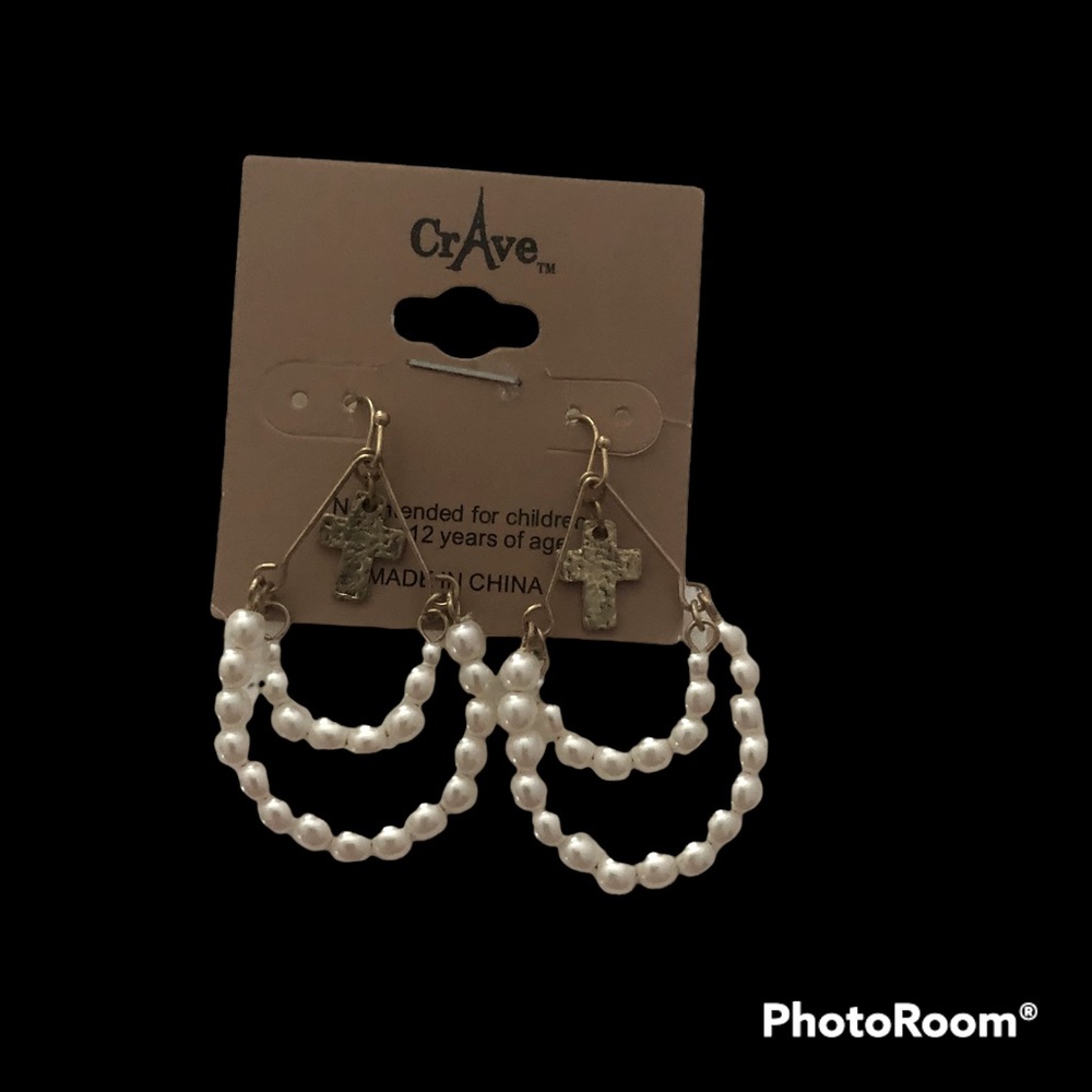 NWT Pearl Double Teardrop Hoop Earrings with Cross Accents- Crave